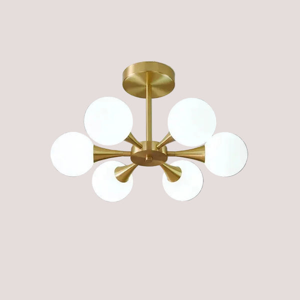 Modern Copper Glass Ball Chandelier showcasing Mid-Century style with frosted glass shades and trumpet arms.