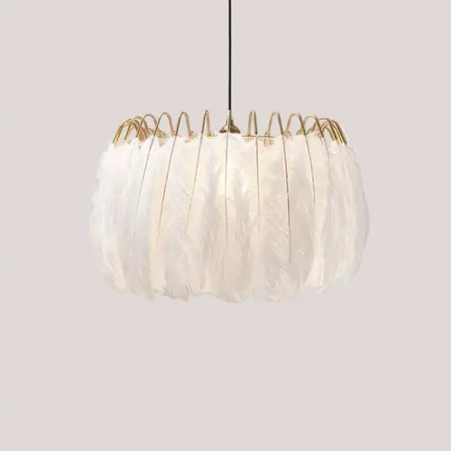 Modern Feather Pendant Light – Elegant Gold Chandelier for Living Room with airy feather shade and gold frame.