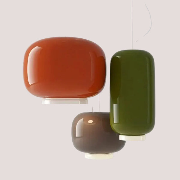 Modern Glass Pendant Light – Italian-Inspired LED Suspension Lamp in Green, Orange, and Gray colors.