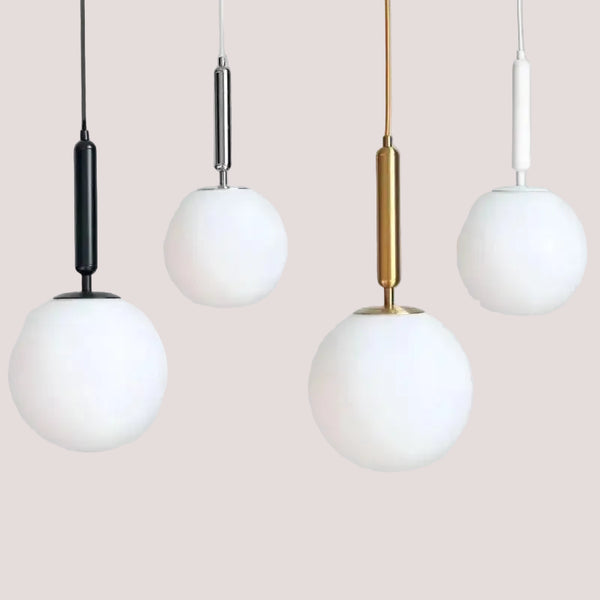Modern Gold Glass Ball Pendant featuring sleek white glass and metal design, perfect for stylish interiors.