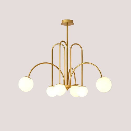 Modern Magic Beans 4-Head Gold LED Chandelier – Sophisticated Ceiling Light with frosted globes.