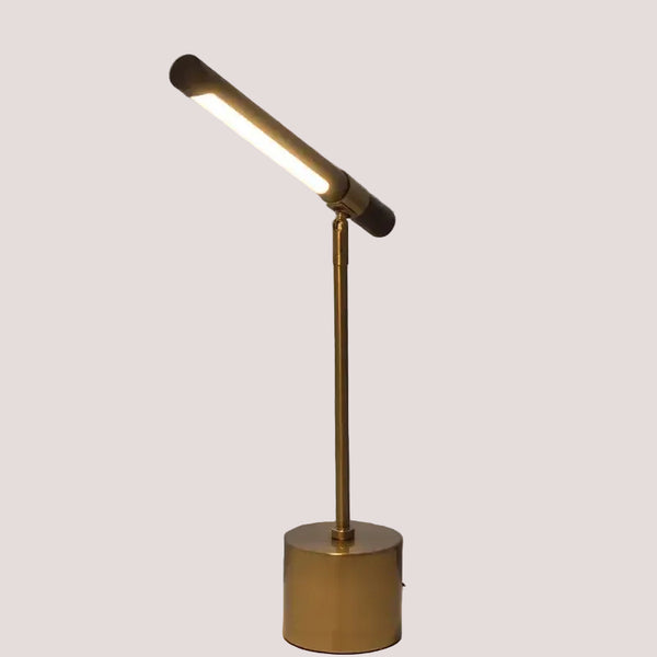 Modern Minimalist LED Table Lamp – Foldable Wood Grain Desk Light with Brass Base on a light background.