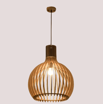 Nordic Retro Modern Wood Cage Pendant featuring a stylish wood design and soft lighting.