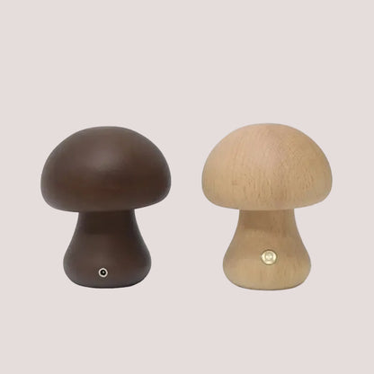 Portable Dimmable 60s Italy Designer Mushroom Table Lamp in brown and light wood finishes.