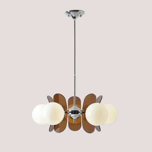 Rare Mid-Century Orange Plexiglass Chandelier: A Unique Vintage Gem with amber/brown reflectors and white frosted glass balls.