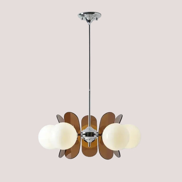 Rare Mid-Century Orange Plexiglass Chandelier: A Unique Vintage Gem with amber/brown reflectors and white frosted glass balls.
