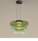 Layered Glass Pendant Light – Modern Amber, Green or Smoke Grey LED Suspension with three-tiered green glass design.