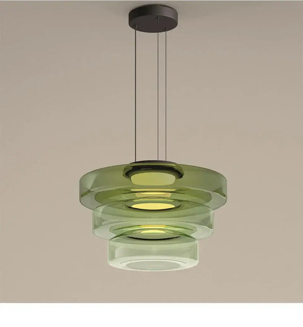 Layered Glass Pendant Light – Modern Amber, Green or Smoke Grey LED Suspension with three-tiered green glass design.