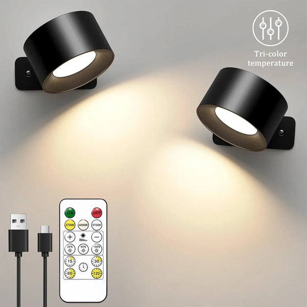 Rechargeable Bedside Wall Lamp with tri-color temperature and remote control for easy dimming and illumination.