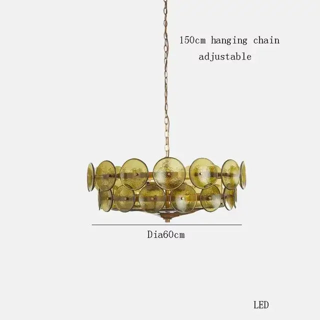 Luxurious Glass Disc Chandelier – 50s Chic with amber glass discs and adjustable chain; perfect for stylish interiors.