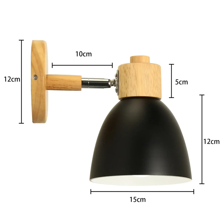 Collection of Modern Nordic Wooden Wall Lights with wooden and black metal design, dimensions 15cm x 12cm x 12cm.