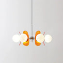 Rare Mid-Century Orange Plexiglass Chandelier: A Unique Vintage Gem with orange reflectors and frosted glass balls.