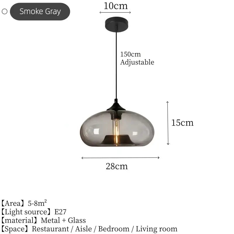 Smoke grey glass dome pendant light with dimensions, 28cm wide and 15cm high