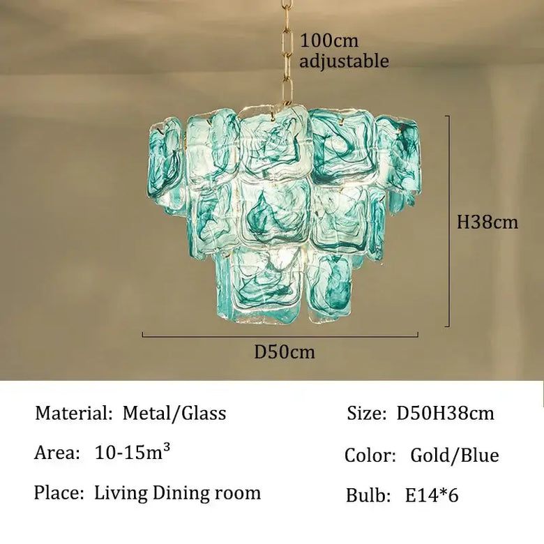 Blue Glass Chandelier with Polished Chrome Finish in living dining room, showcasing artisan craftsmanship and elegant design.