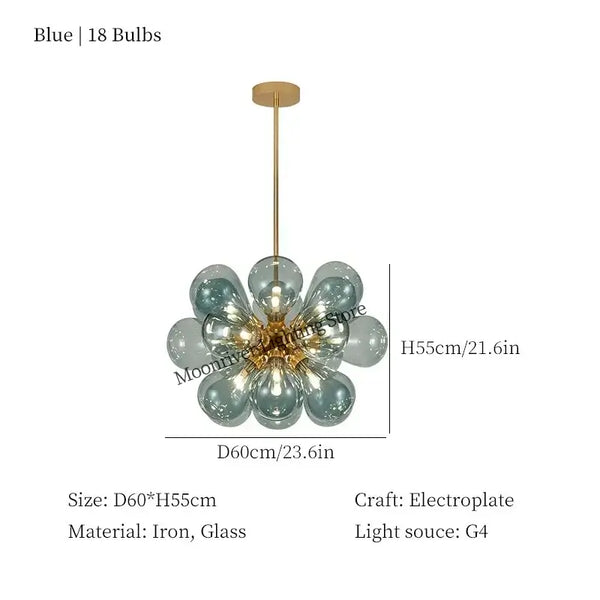 Glorious Tinted Glass Bubble Chandelier showcasing blue bulbs, elegant design with iron and electroplated finish.