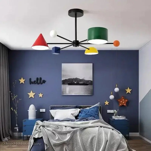 Magnificent Mid-Century Modern Colourful Ceiling Lamp in a stylish bedroom with vibrant shapes and colors.