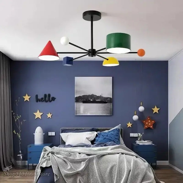 Magnificent Mid-Century Modern Colourful Ceiling Lamp in a stylish bedroom with vibrant shapes and colors.