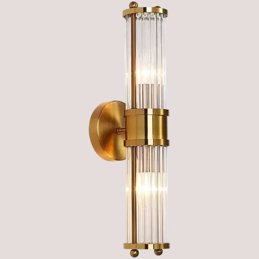 Bathroom Art Deco Brass and Crystal Sconces with LED lighting, showcasing elegance and style for modern bathroom decor.