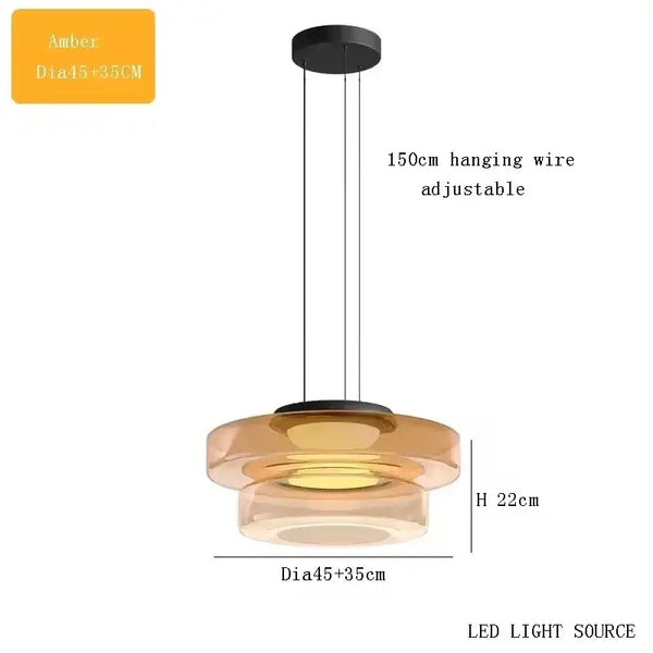 Layered Glass Pendant Light – Modern Amber, Green or Smoke Grey LED Suspension with adjustable suspension wire.