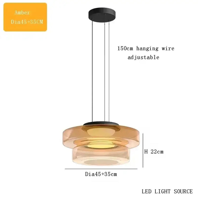 Layered Glass Pendant Light with adjustable hanging wire and modern amber design.