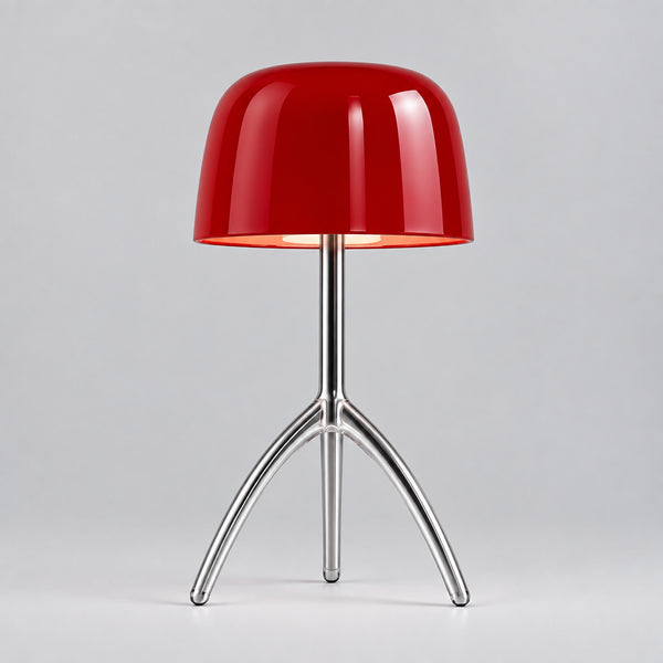 Hero - Red  Mid-Century lamp Chrome Tripod with a textured white background