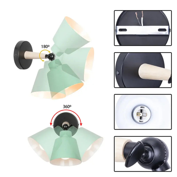 Nordic Solid Wood Bedroom Wall Lamp showcasing adjustable design with colorful shades and sleek black finish.