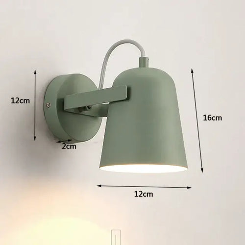 Nordic Bell Bedside Wall Lamp in green with adjustable shade and dimensions displayed for customized lighting.