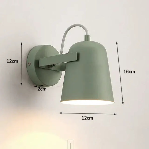 Nordic Bell Bedside Wall Lamp in green with adjustable shade and dimensions displayed for customized lighting.