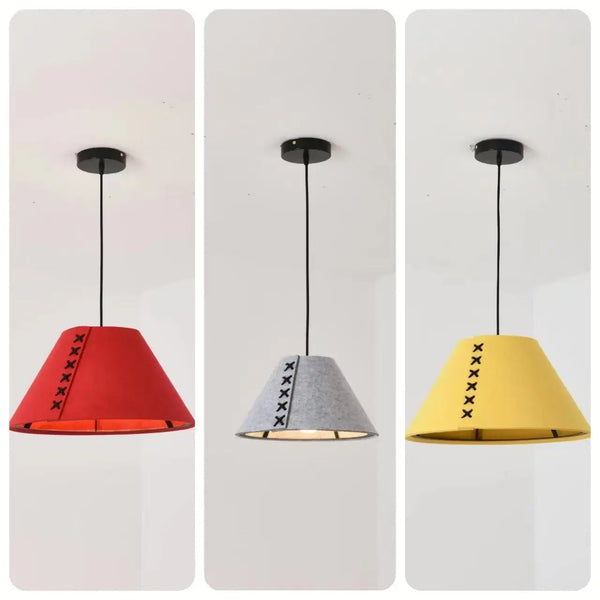 Modern Felt Pendant Lamp – Playful Stitch-Detail Chandelier for Dining Rooms, Bedrooms & Hotels in red, grey, and yellow.