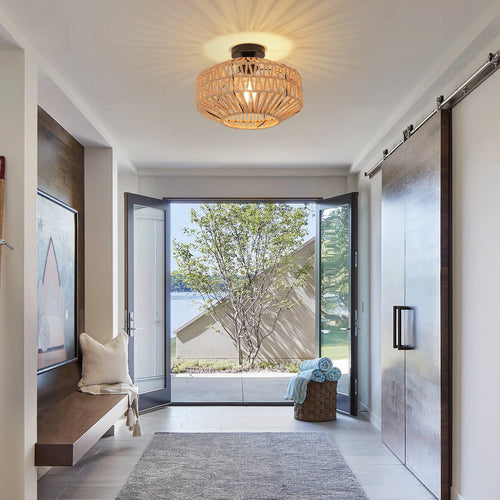 Hand-Woven Rattan Ceiling Light with Metal Base
