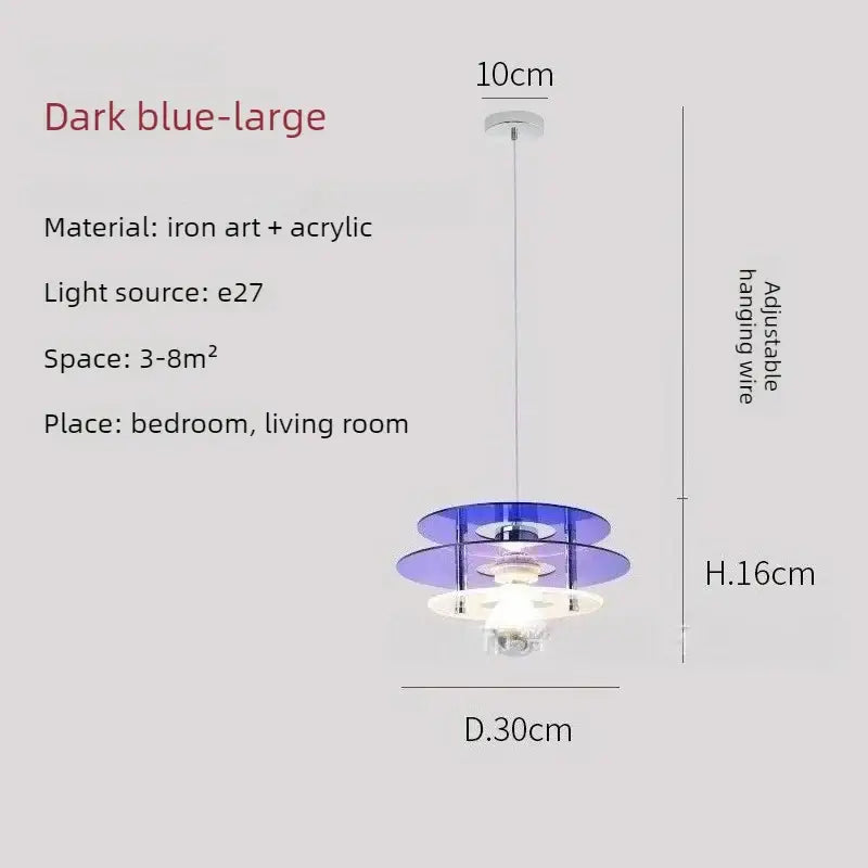 Space Age Acrylic Colorful Pendant Light featuring dark blue acrylic disks and adjustable hanging wire.