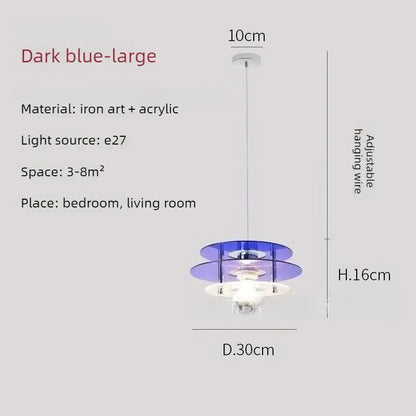Space Age Acrylic Colorful Pendant Light featuring dark blue acrylic disks and adjustable hanging wire.