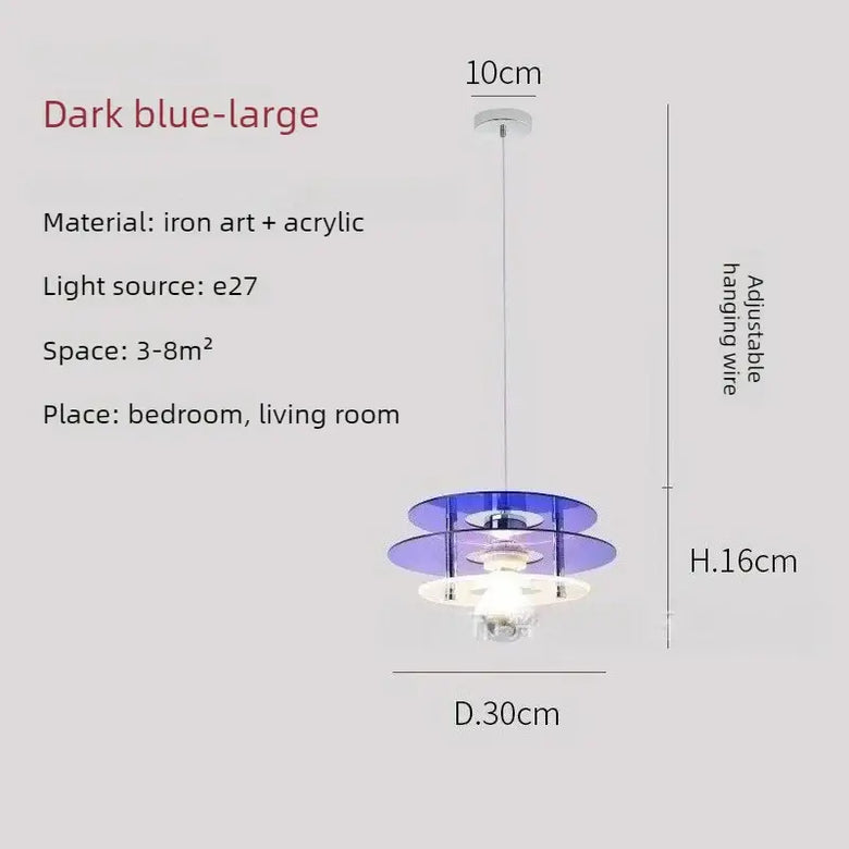 Space Age Acrylic Colorful Pendant Light featuring dark blue acrylic disks and adjustable hanging wire.