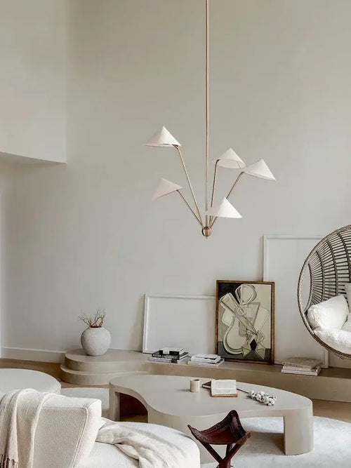 Chic Japansese Mid-Century Modern Ceiling Pendant illuminating a stylish living room with neutral tones