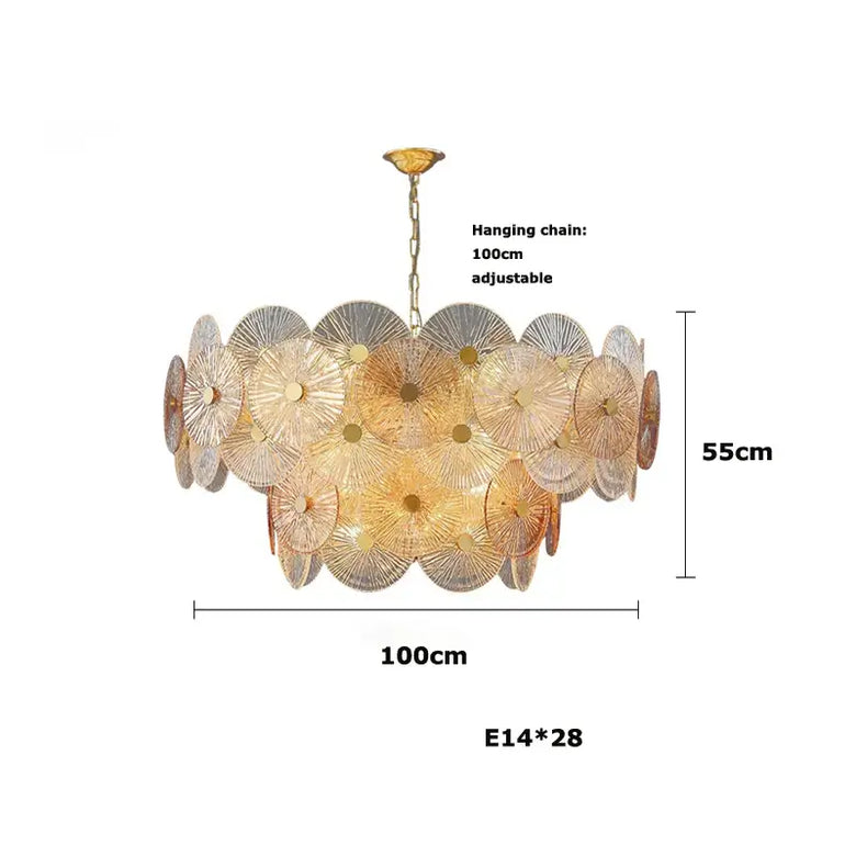 Retro 50s Glass & Iron Chandelier Gold Frame showcasing frosted glass leaves and a gold frame, dimensions 100cm x 55cm.