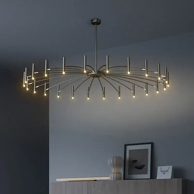 Modern Starburst LED Chandelier – 24-Light Sculptural Ceiling Statement in elegant setting with slim light arms.