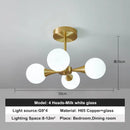 Modern Copper Glass Ball Chandelier showcasing four milk glass heads and brass detailing for contemporary lighting.