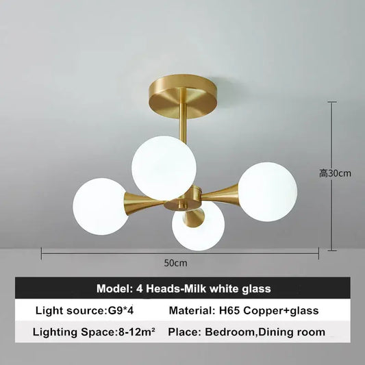 Modern Copper Glass Ball Chandelier showcasing four milk glass heads and brass detailing for contemporary lighting.
