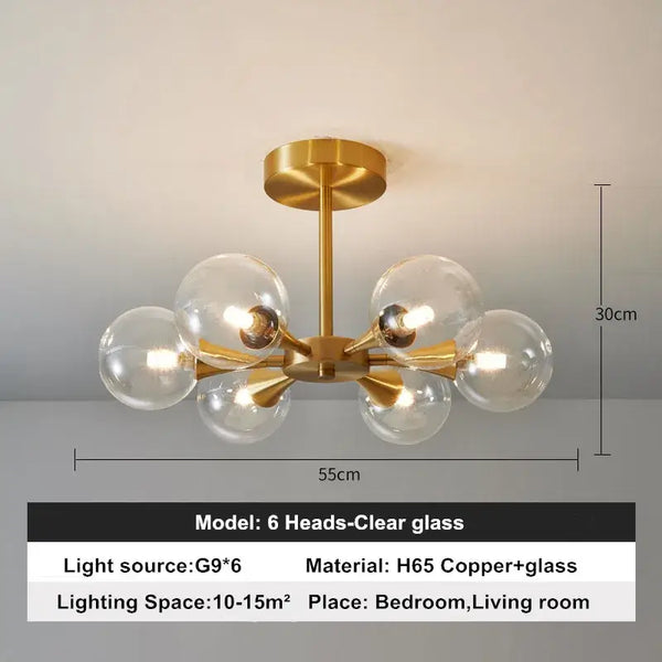Modern Copper Glass Ball Chandelier featuring a unique design with six clear glass heads and a copper finish.