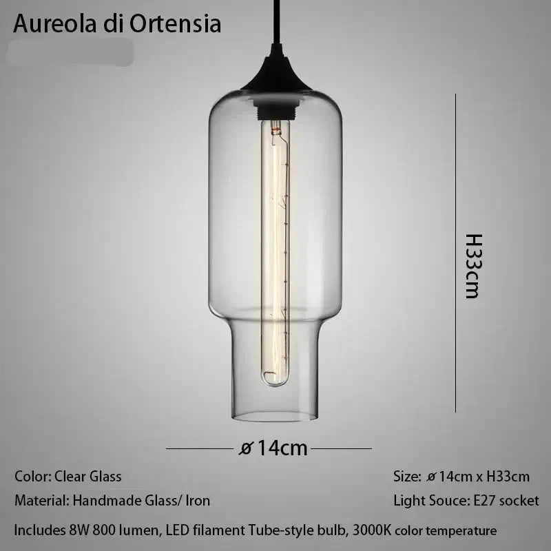 Pendant light with clear glass shade and black fixture, featuring dimensions and technical details on a gray background.