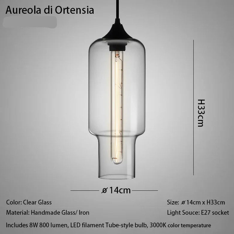 Pendant light with clear glass shade and black fixture, featuring dimensions and technical details on a gray background.