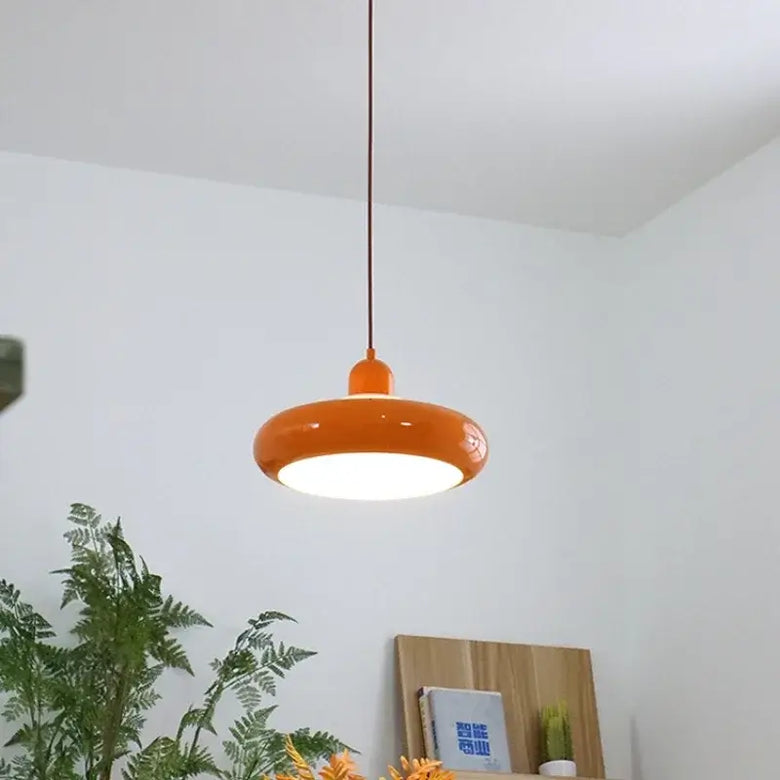 Cream Enamel Vintage Pendant Light with Chrome Detail