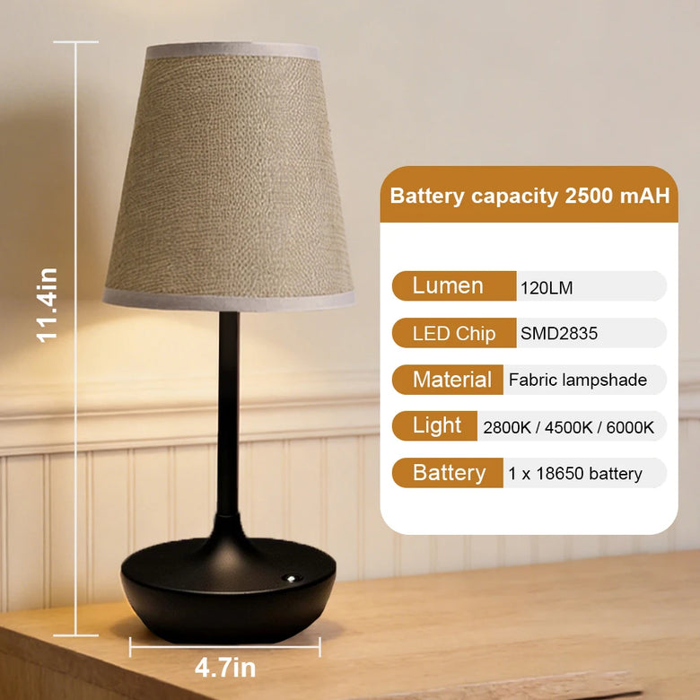 Classic Fabric Cordless Table Lamp – Rechargeable, Touch Dimmer