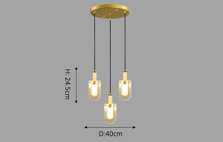 Three-light pendant chandelier with a gold circular ceiling canopy and three hanging glass shades, shown with dimension arrows labeled H: 24.5cm and D: 40cm, plus text below stating size D40x24.