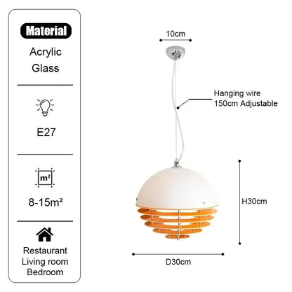 Nordic Orange Pendant Light Retro E27 Ceiling Lamp 30cm with adjustable hanging wire and warm ambient glow.