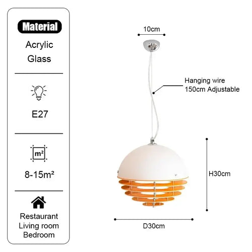 Nordic Orange Pendant Light Retro E27 Ceiling Lamp 30cm with adjustable hanging wire and acrylic glass design.