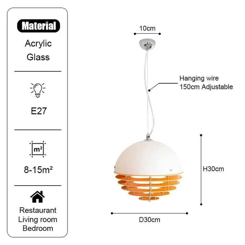 Nordic Orange Pendant Light Retro E27 Ceiling Lamp 30cm with adjustable hanging wire and acrylic glass design.