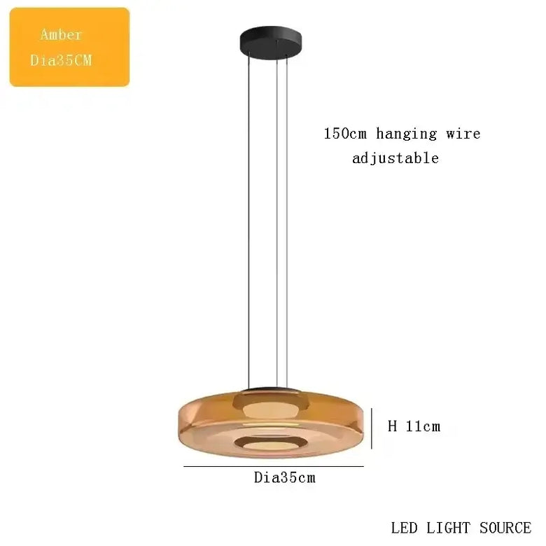 Layered Glass Pendant Light with amber color, 35cm diameter, adjustable 150cm wire, modern design.
