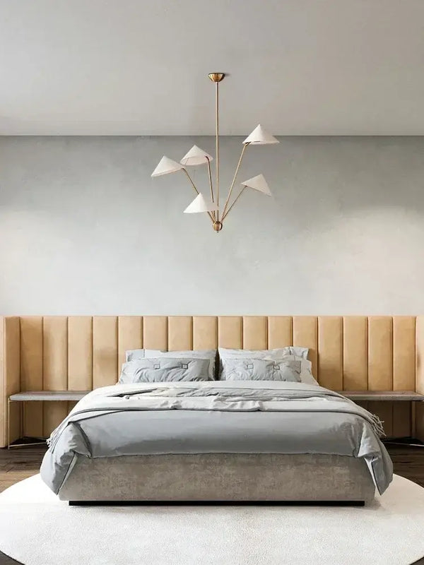 Chic Japansese Mid-Century Modern Ceiling Pendant illuminating a modern bedroom with a stylish gray and cream aesthetic.