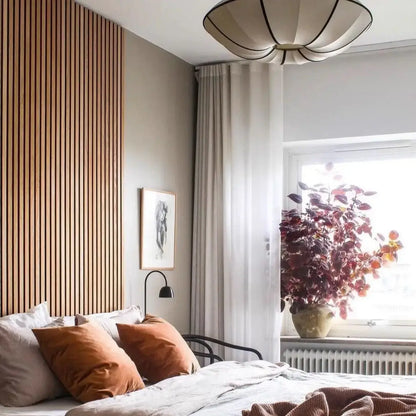 Zen Silk Pendant Light Mid Century Fabric Lantern in a beautifully designed bedroom setting.